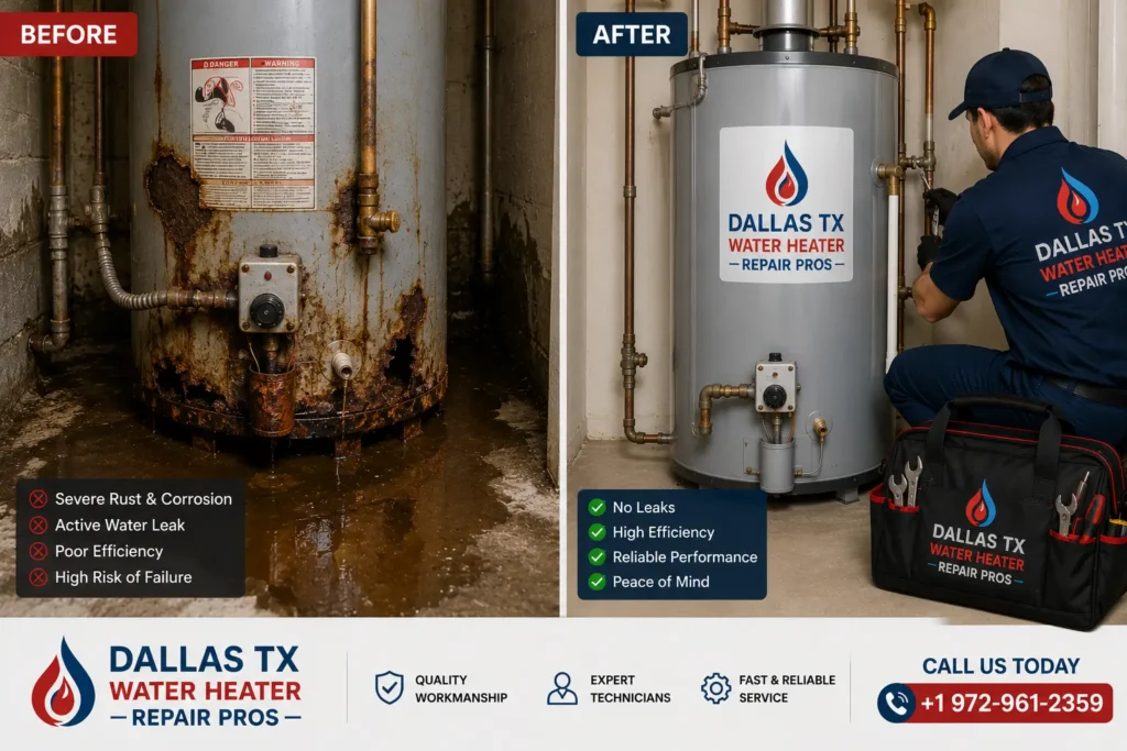 Before and after comparison of a repaired residential water heater in Dallas, TX by a professional water heater repair technician.