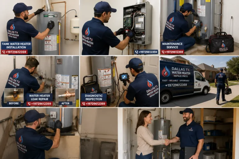 Collage showcasing professional water heater repair, installation, maintenance, and replacement services in Dallas, TX.