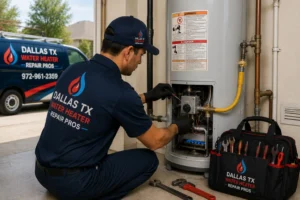 Licensed technician repairing a residential gas water heater in Dallas, TX.