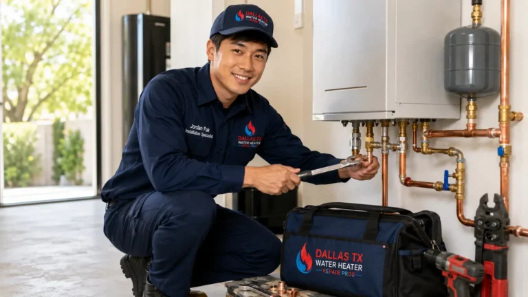Professional water heater installation specialist installing a new residential water heater in Dallas, TX.