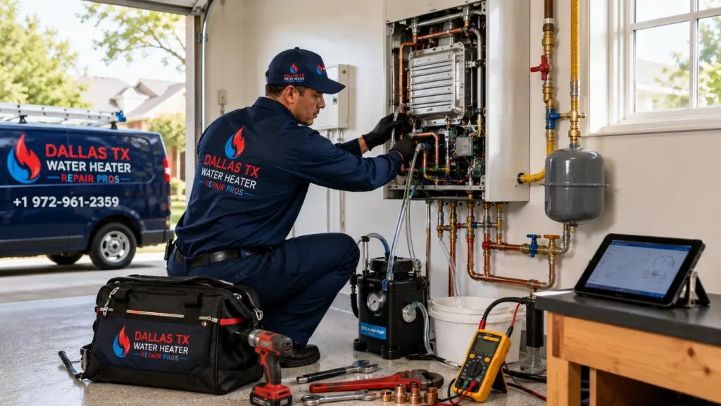 Licensed and certified water heater repair technician organizing professional plumbing tools and diagnostic equipment from a branded Dallas TX Water Heater Repair Pros service van in Dallas, TX.