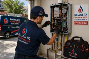 Professional technician performing internal repairs on a tankless water heater in a Dallas, TX home.