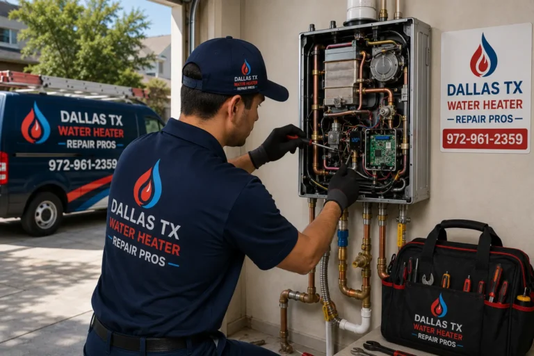 Professional technician performing internal repairs on a tankless water heater in a Dallas, TX home.