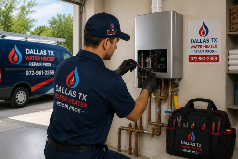 Professional plumber repairing a residential tankless water heater in Dallas, TX.