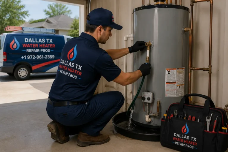 Professional technician performing routine water heater maintenance service on a residential water heater in Dallas, TX.