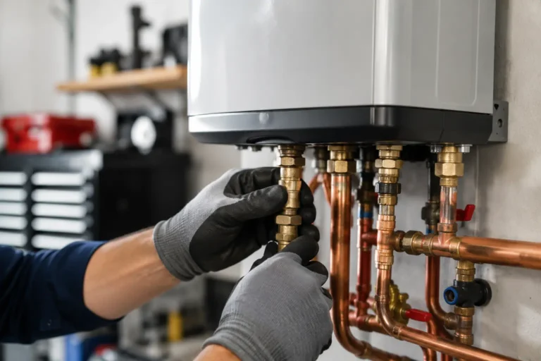 Certified water heater repair technician servicing a residential water heater in Dallas, TX while wearing a Dallas TX Water Heater Repair Pros uniform.