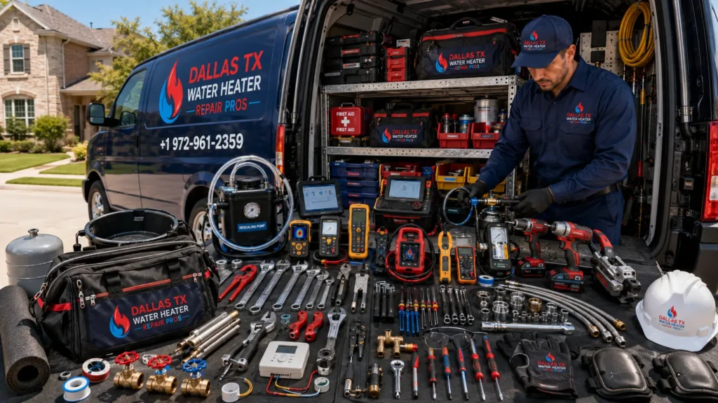 Licensed Dallas TX Water Heater Repair Pros technician organizing professional water heater repair tools inside a branded service van at a residential property in Dallas, TX.