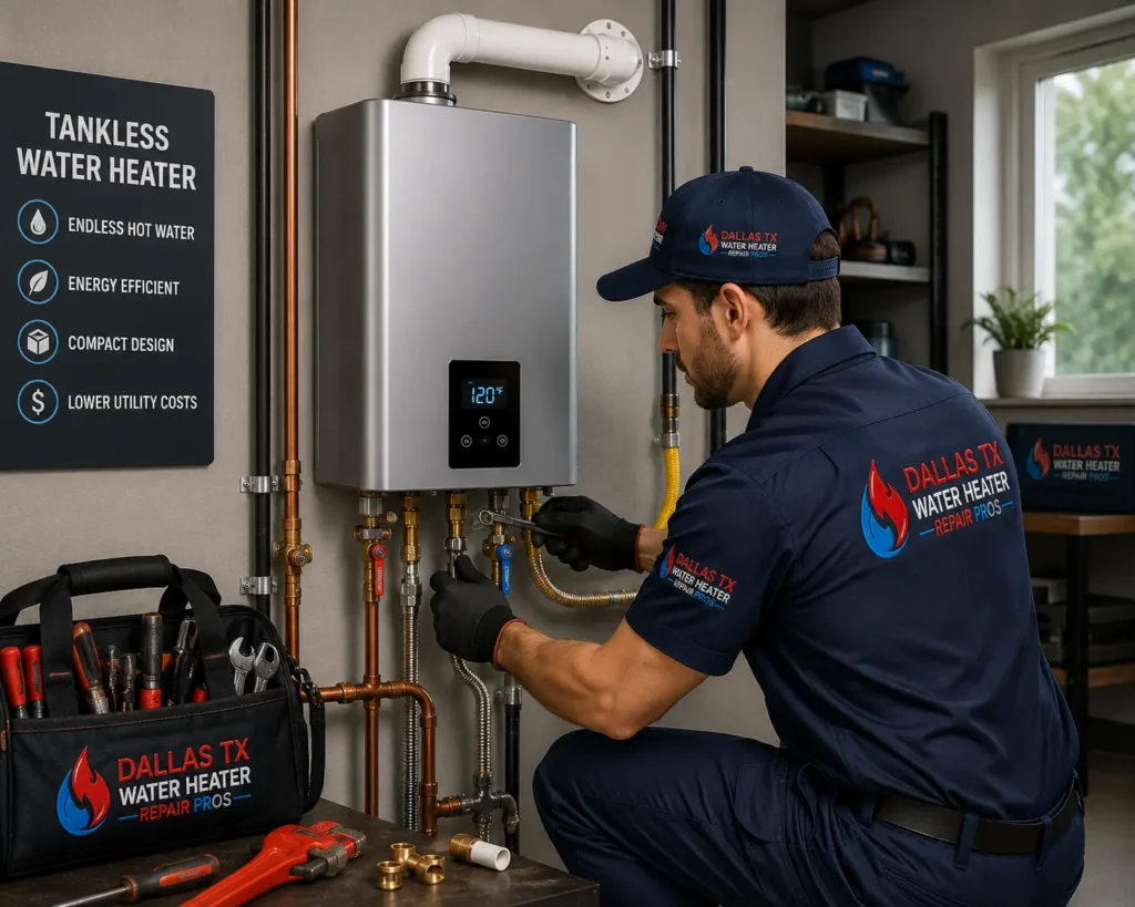 Licensed technician from Dallas TX Water Heater Repair Pros installing a wall-mounted tankless water heater in a residential utility room in Dallas, TX.