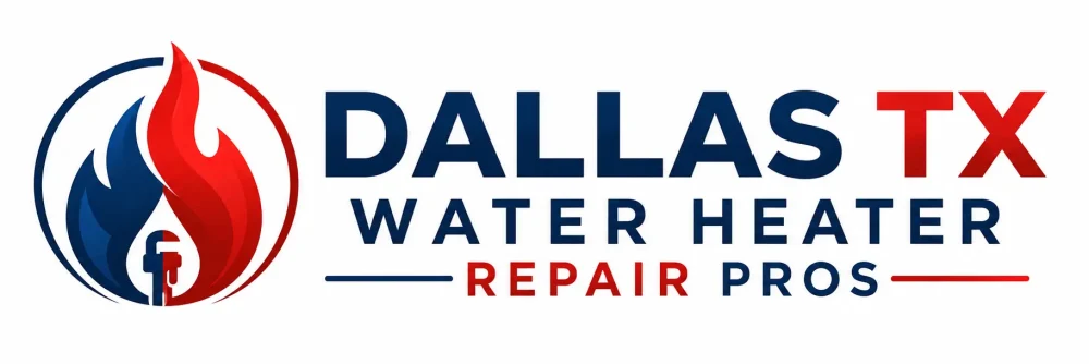 Dallas TX Water Heater Repair Pros logo featuring a blue and red flame, faucet icon, and modern plumbing branding.